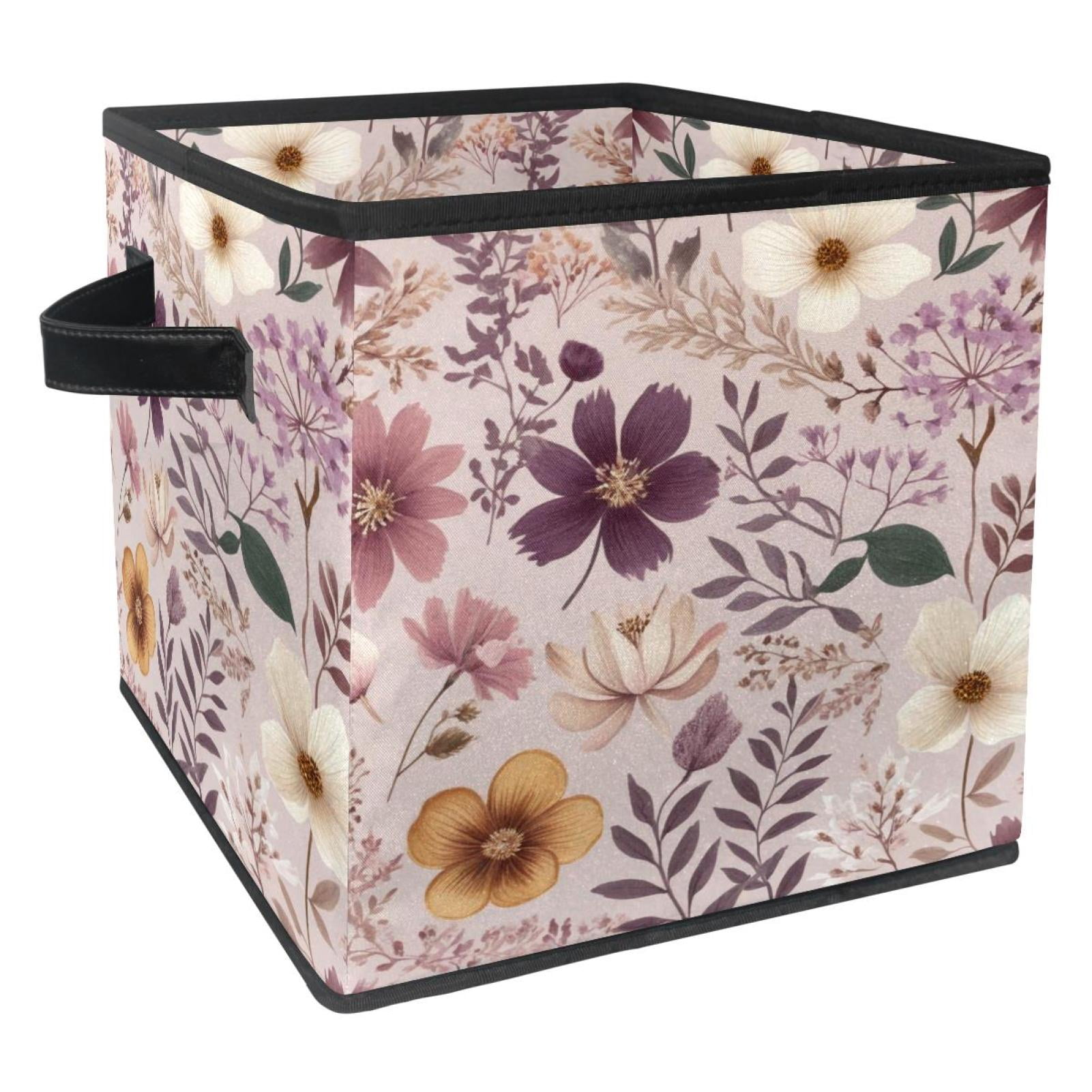 RATGDN Collapsible Fabric Cube Storage Bin with Double Handles for Living Room Bedroom Office Black - Pink Flower Specimen