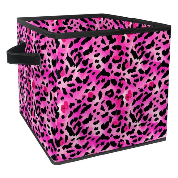 RATGDN Collapsible Fabric Cube Storage Bin with Double Handles for Living Room Bedroom Office Black - Pink Kiss Leopard Pattern