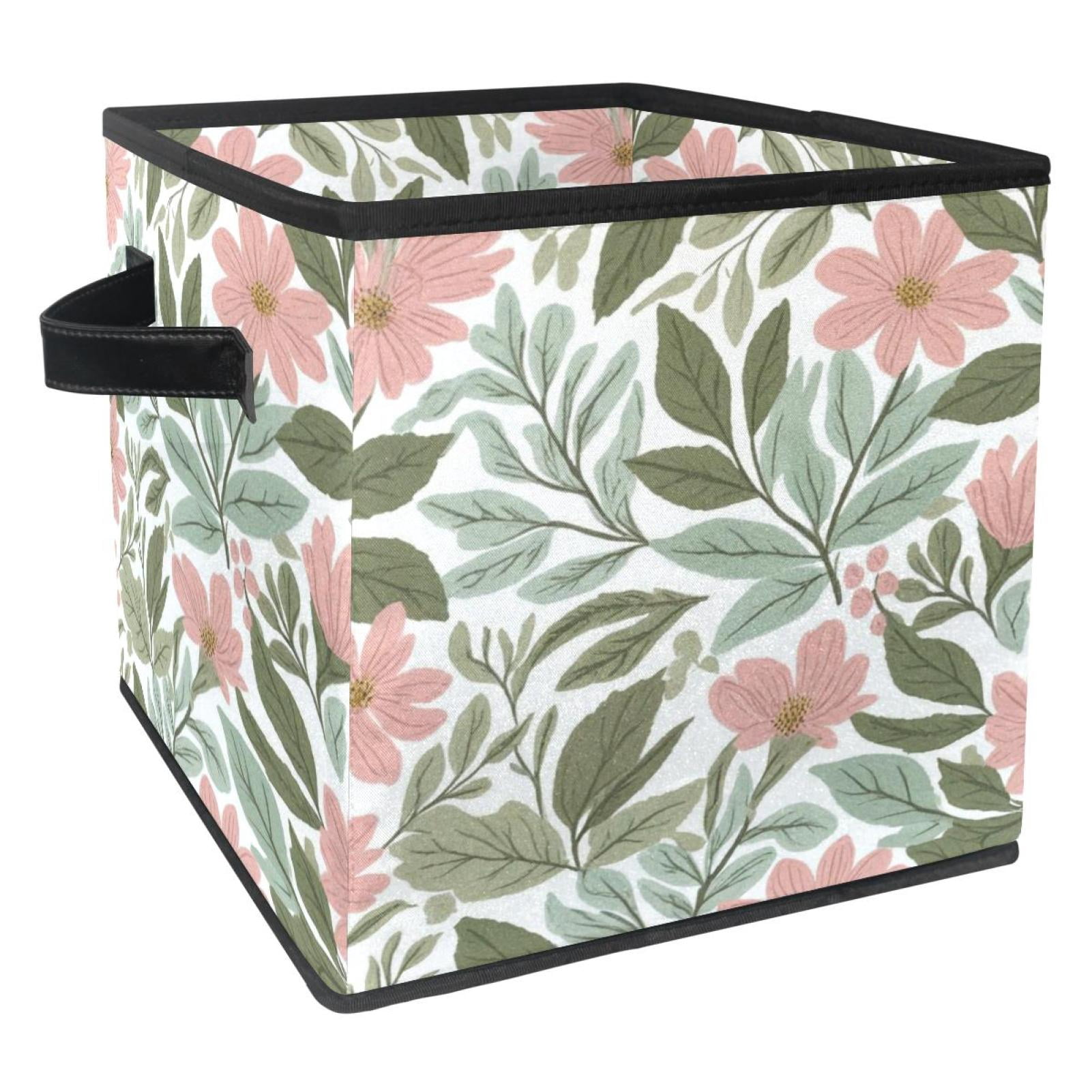 RATGDN Collapsible Fabric Cube Storage Bin with Double Handles for Living Room Bedroom Office Black - Plush Leaves Fresh Flowers