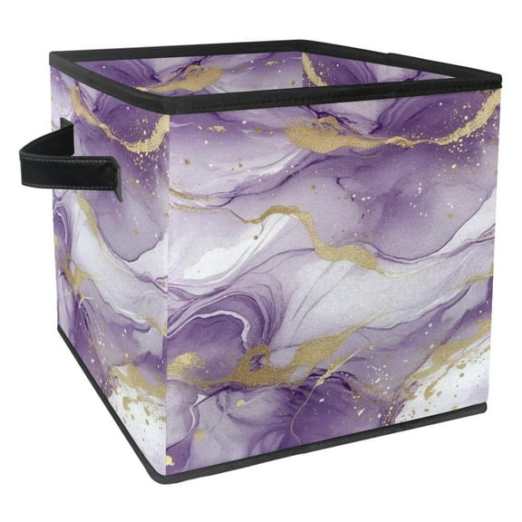 RATGDN Collapsible Fabric Cube Storage Bin with Double Handles for Living Room Bedroom Office Black - Purple White Marble