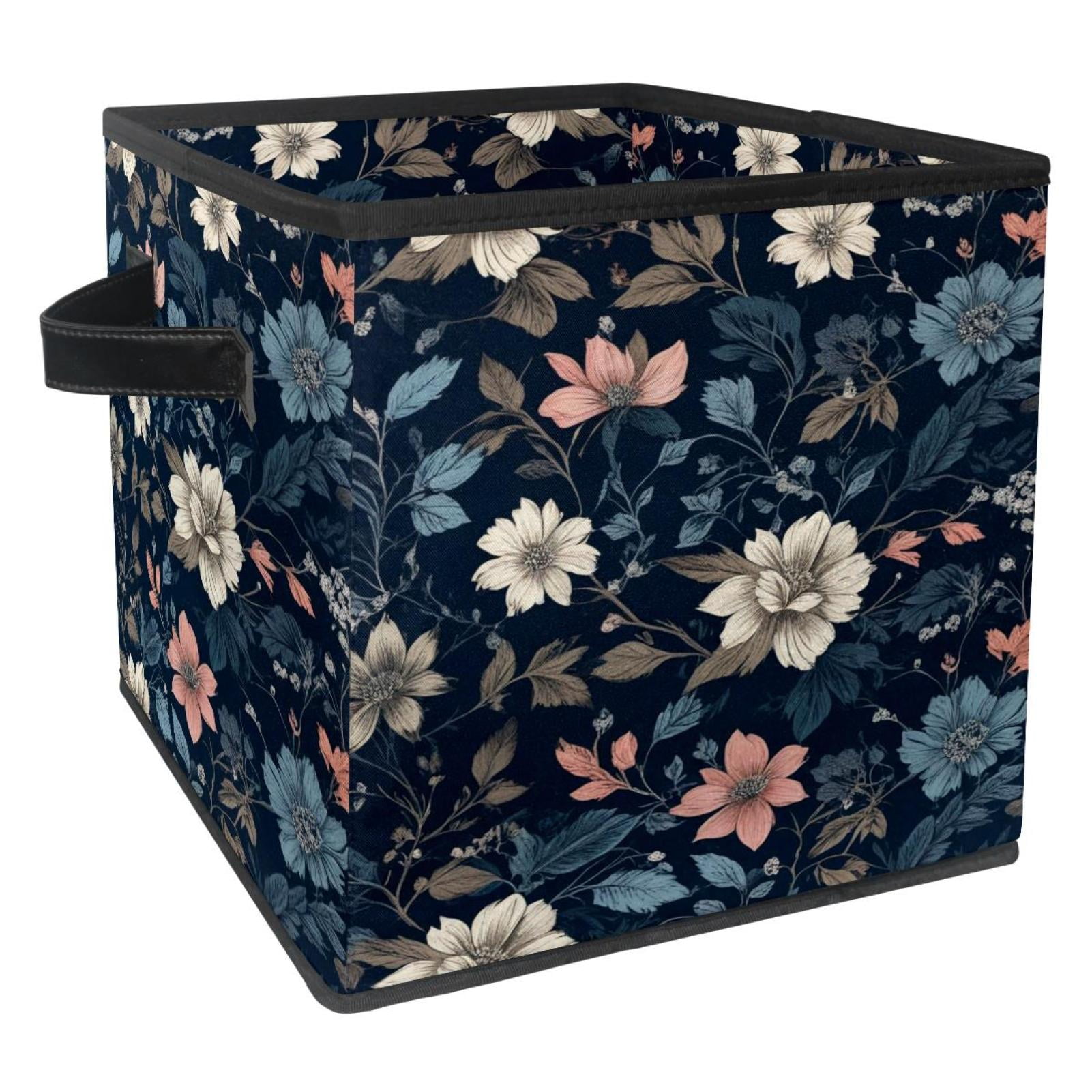 RATGDN Collapsible Fabric Cube Storage Bin with Double Handles for Living Room Bedroom Office Black - Warm White Powder Blue Flower