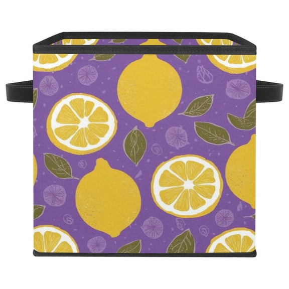 RATGDN Collapsible Fabric Cube Storage Bin with Double Handles for Living Room Bedroom Office Black - Yellow Lemon Dark Purple
