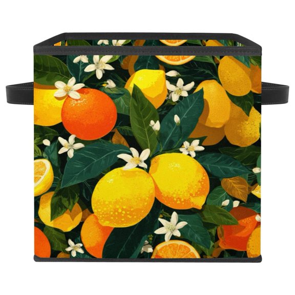RATGDN Collapsible Fabric Cube Storage Bin with Double Handles for Living Room Bedroom Office Black - Yellow Lemon White Flower