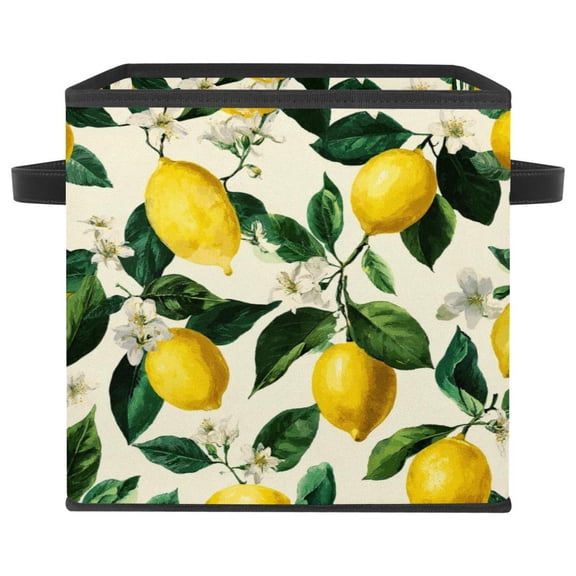RATGDN Collapsible Fabric Cube Storage Bin with Double Handles for Living Room Bedroom Office Black - Yellow Lemon White Flower