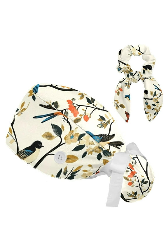 Colored Birds Flowers Trees Working Scrub Cap for Women Men - Adjustable Bouffant Tie Back Hat with Hair Bow - Perfect for Work, Leisure, Nurses and Medical Professionals - One Size Fits All