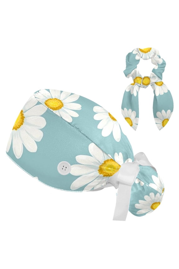 Colorful Aesthetic Flowers Working Scrub Cap for Women Men - Adjustable Bouffant Tie Back Hat with Hair Bow - Perfect for Work, Leisure, Nurses and Medical Professionals - One Size Fits All