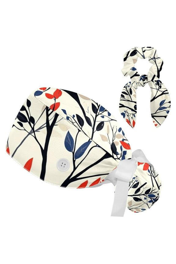 Colorful Tree Pattern Tie Scrub Cap for Women Men, Nursing Hats with Buttons and Sweatband, Adjustable Elastic Working Caps Surgical Cap with Hair Bow - One Size Fits All