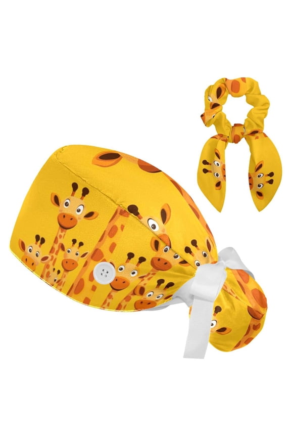Cute Giraffe Working Scrub Cap for Women Men - Adjustable Bouffant Tie Back Hat with Hair Bow - Perfect for Work, Leisure, Nurses and Medical Professionals - One Size Fits All