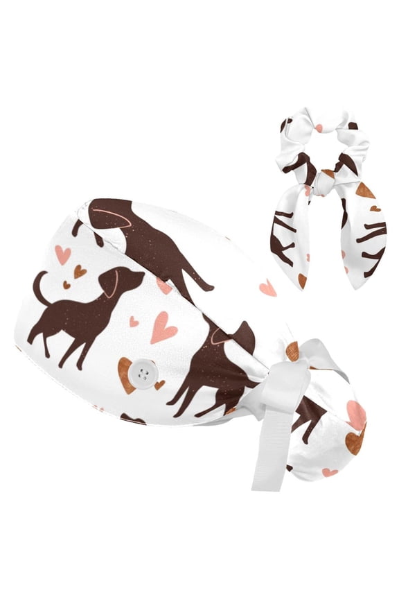 Dog Hearts Tie Scrub Cap for Women Men, Nursing Hats with Buttons and Sweatband, Adjustable Elastic Working Caps Surgical Cap with Hair Bow - One Size Fits All