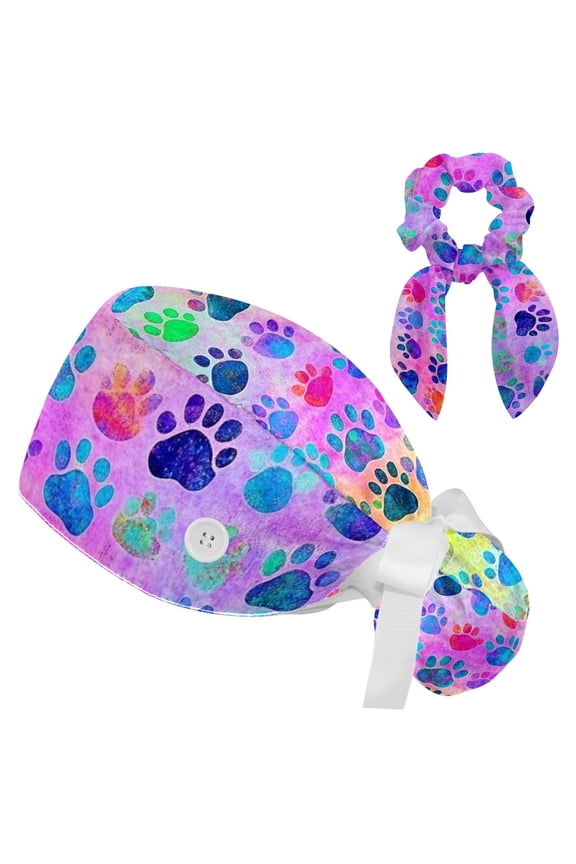 Dog Paw Footprint Tie Scrub Cap for Women Men, Nursing Hats with Buttons and Sweatband, Adjustable Elastic Working Caps Surgical Cap with Hair Bow - One Size Fits All