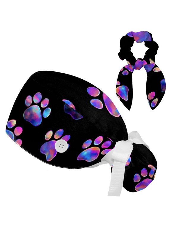 Dog Paw Print Cute Tie Scrub Cap for Women Men, Nursing Hats with Buttons and Sweatband, Adjustable Elastic Working Caps Surgical Cap with Hair Bow - One Size Fits All