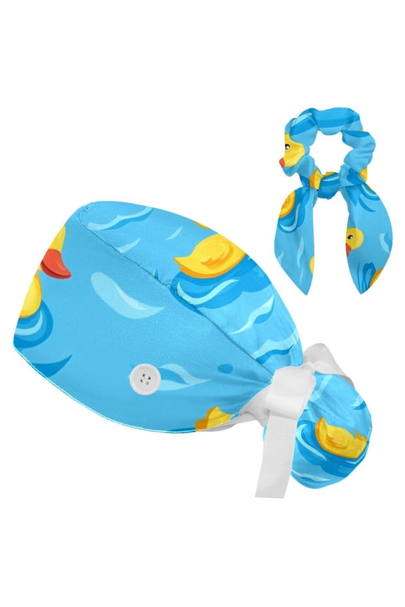 Ducks Blue Pattern Tie Scrub Cap for Women Men, Nursing Hats with Buttons and Sweatband, Adjustable Elastic Working Caps Surgical Cap with Hair Bow - One Size Fits All