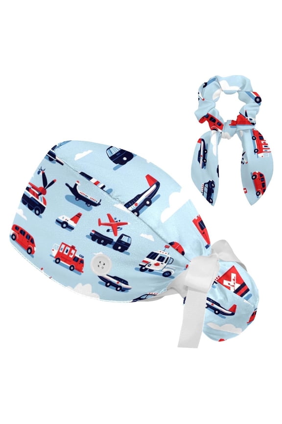 Fire Truck Aircraft Tie Scrub Cap for Women Men, Nursing Hats with Buttons and Sweatband, Adjustable Elastic Working Caps Surgical Cap with Hair Bow - One Size Fits All