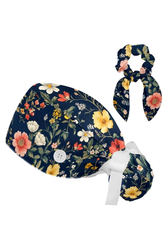 Floral Color Tie Scrub Cap for Women Men, Nursing Hats with Buttons and Sweatband, Adjustable Elastic Working Caps Surgical Cap with Hair Bow - One Size Fits All