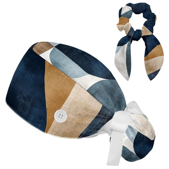 RATGDN Geometric Blue Brown Working Scrub Cap for Women Men - Adjustable Bouffant Tie Back Hat with Hair Bow - Perfect for Work, Leisure, Nurses and Medical Professionals - One Size Fits All