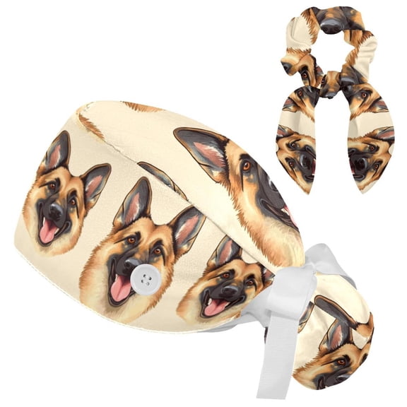 RATGDN German Shepherd Printing Tie Scrub Cap for Women Men, Nursing Hats with Buttons and Sweatband, Adjustable Elastic Working Caps Surgical Cap with Hair Bow - One Size Fits All