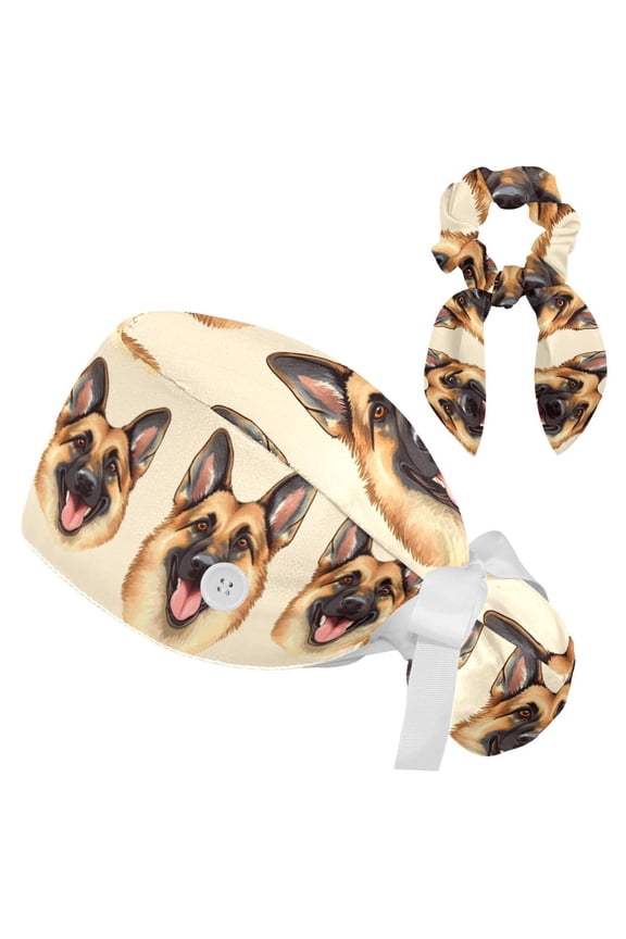 German Shepherd Printing Tie Scrub Cap for Women Men, Nursing Hats with Buttons and Sweatband, Adjustable Elastic Working Caps Surgical Cap with Hair Bow - One Size Fits All