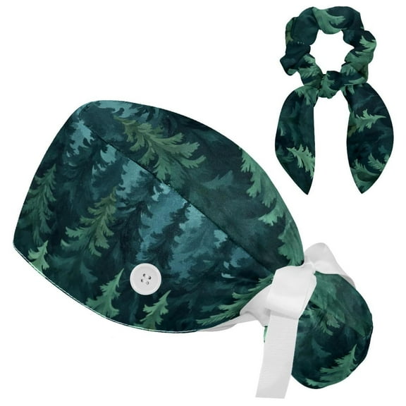 RATGDN Green Deep Forest and Trees Tie Scrub Cap for Women Men, Nursing Hats with Buttons and Sweatband, Adjustable Elastic Working Caps Surgical Cap with Hair Bow - One Size Fits All