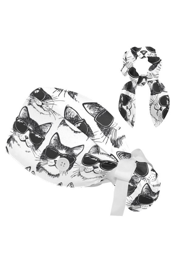 Hipster Cats Tie Scrub Cap for Women Men, Nursing Hats with Buttons and Sweatband, Adjustable Elastic Working Caps Surgical Cap with Hair Bow - One Size Fits All