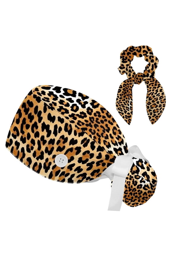 Leopard Skin Pattern Scrub Cap for Women Men - Adjustable Tie Back Hat with Hair Bow - One Size Fits All