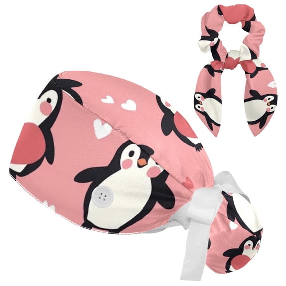RATGDN Penguin Love Tie Scrub Cap for Women Men, Nursing Hats with Buttons and Sweatband, Adjustable Elastic Working Caps Surgical Cap with Hair Bow - One Size Fits All