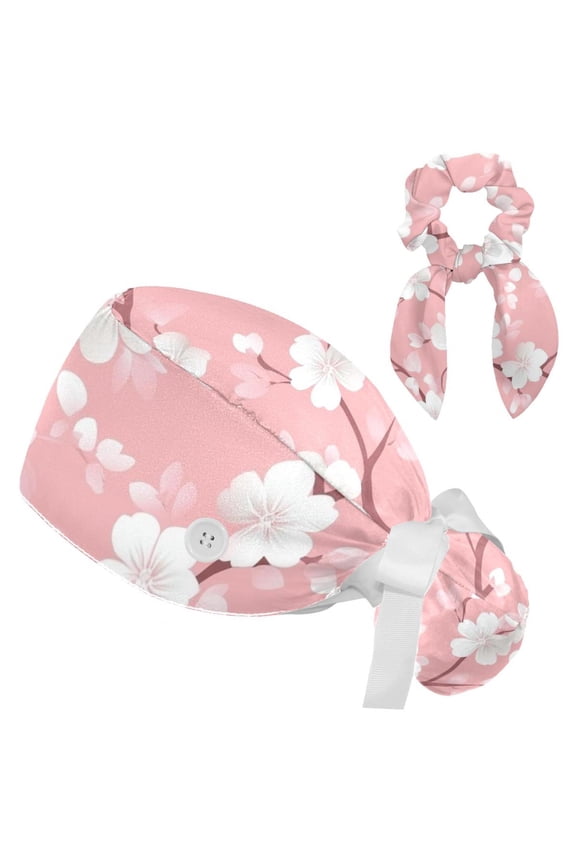 Pink Background Flowers Working Scrub Cap for Women Men - Adjustable Bouffant Tie Back Hat with Hair Bow - Perfect for Work, Leisure, Nurses and Medical Professionals - One Size Fits All