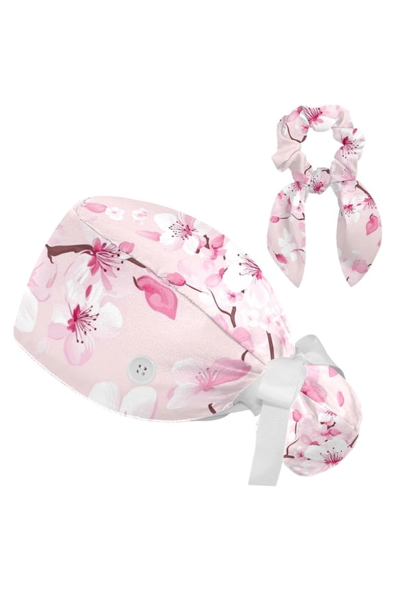 Pink Background Flowers Working Scrub Cap for Women Men - Adjustable Bouffant Tie Back Hat with Hair Bow - Perfect for Work, Leisure, Nurses and Medical Professionals - One Size Fits All