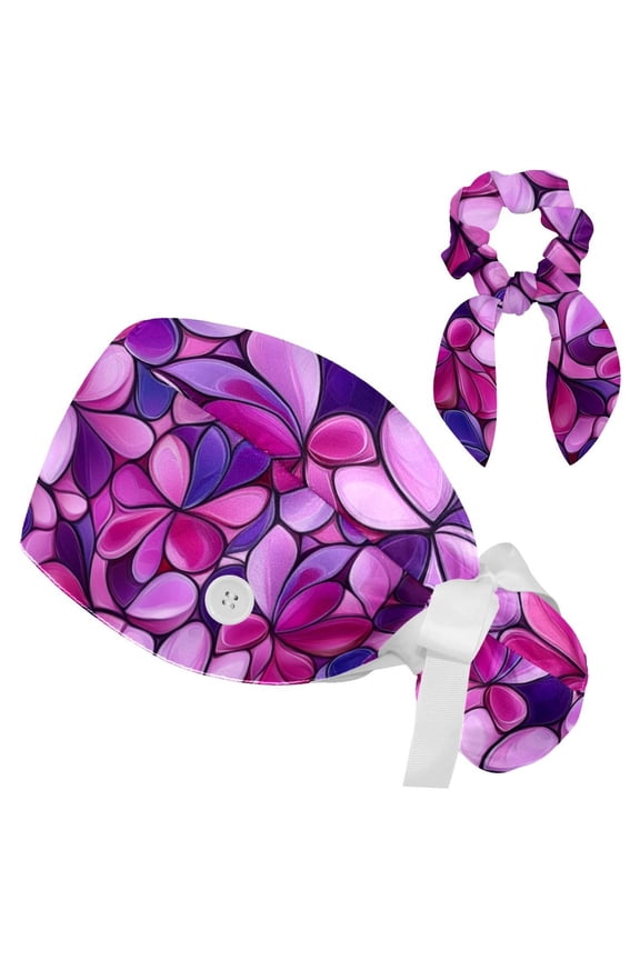 Pink Purple Clover Petals Tie Scrub Cap for Women Men, Nursing Hats with Buttons and Sweatband, Adjustable Elastic Working Caps Surgical Cap with Hair Bow - One Size Fits All