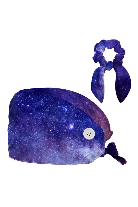 Purple Galaxy Sky Working Cap Scrub Cap for Women Men - Adjustable Bouffant Tie Back Hat with Hair Bow - Perfect for Work, Casual Wear, Nurses and Medical Professionals - One Size Fits All