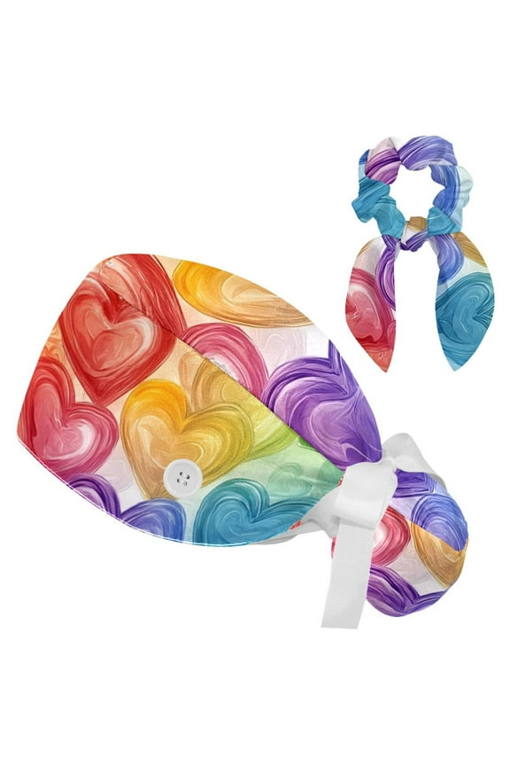 Rainbow-Colored Heart Pattern Tie Scrub Cap for Women Men, Nursing Hats with Buttons and Sweatband, Adjustable Elastic Working Caps Surgical Cap with Hair Bow - One Size Fits All