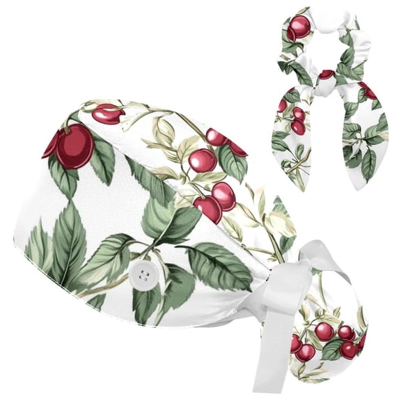 RATGDN Red Cherry Working Scrub Cap for Women Men - Adjustable Bouffant Tie Back Hat with Hair Bow - Perfect for Work, Leisure, Nurses and Medical Professionals - One Size Fits All