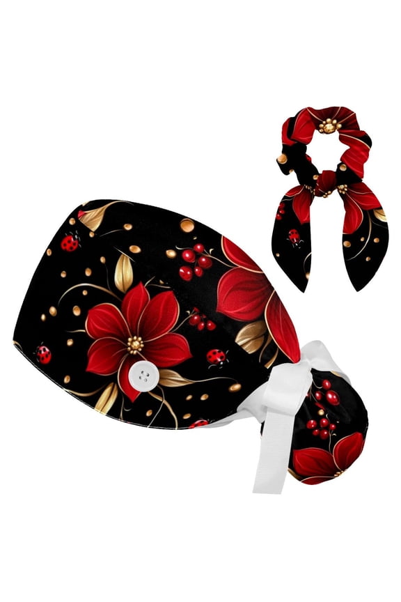 Red Flowers Ladybug Tie Scrub Cap for Women Men, Nursing Hats with Buttons and Sweatband, Adjustable Elastic Working Caps Surgical Cap with Hair Bow - One Size Fits All