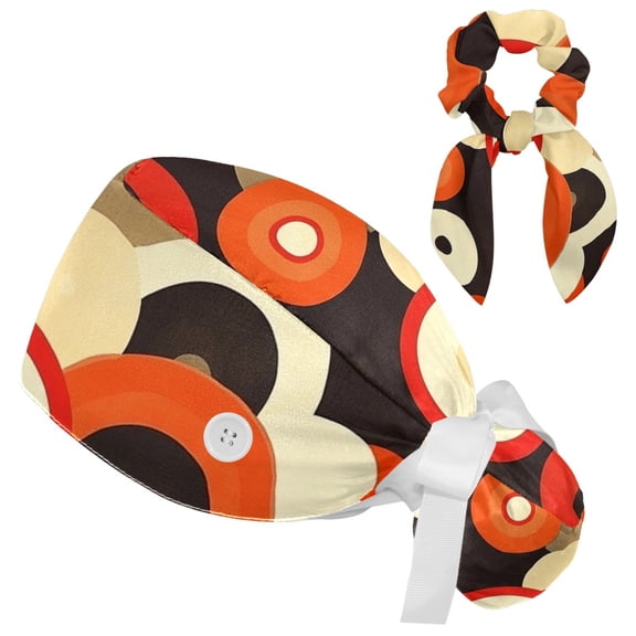 RATGDN Red Records Pattern Tie Scrub Cap for Women Men, Nursing Hats with Buttons and Sweatband, Adjustable Elastic Working Caps Surgical Cap with Hair Bow - One Size Fits All