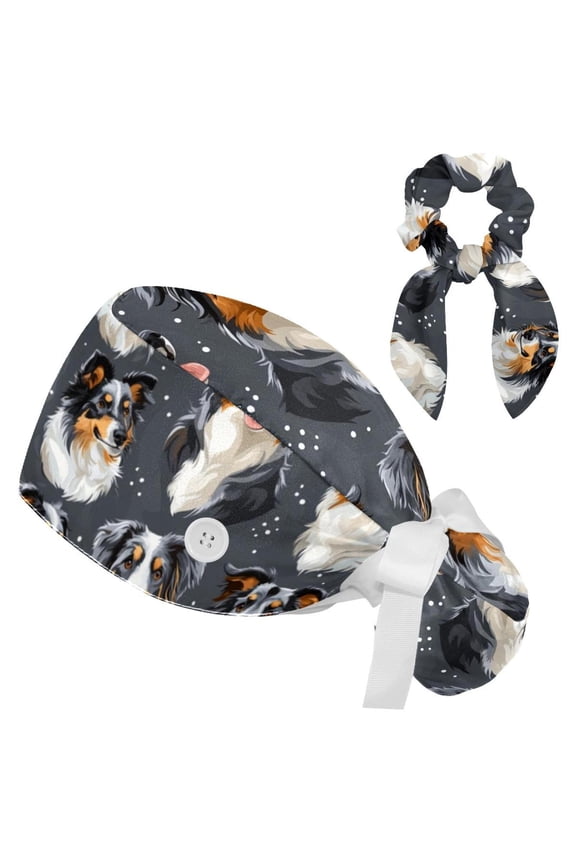 Shepherd Dog Cute Tie Scrub Cap for Women Men, Nursing Hats with Buttons and Sweatband, Adjustable Elastic Working Caps Surgical Cap with Hair Bow - One Size Fits All