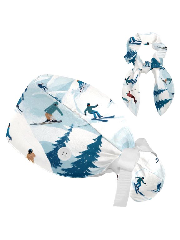 Skiing Crowd Tie Scrub Cap for Women Men, Nursing Hats with Buttons and Sweatband, Adjustable Elastic Working Caps Surgical Cap with Hair Bow - One Size Fits All