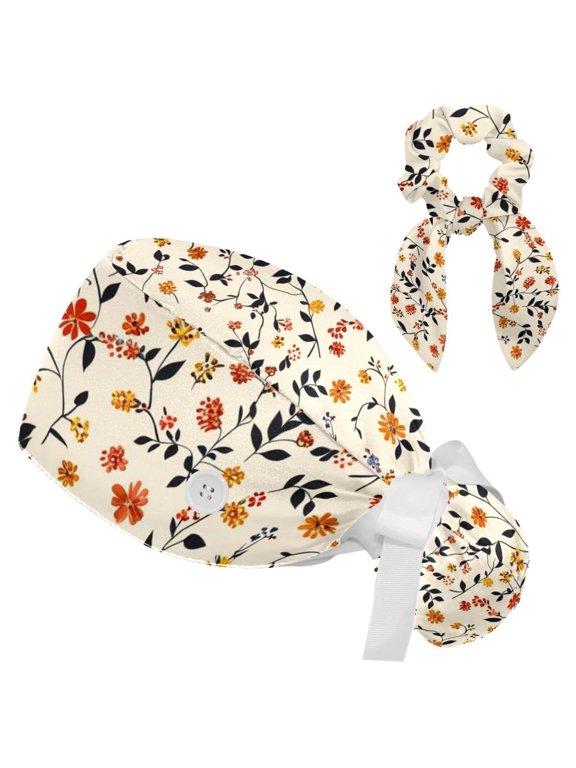 Small Floral Print Tie Scrub Cap for Women Men, Nursing Hats with Buttons and Sweatband, Adjustable Elastic Working Caps Surgical Cap with Hair Bow - One Size Fits All