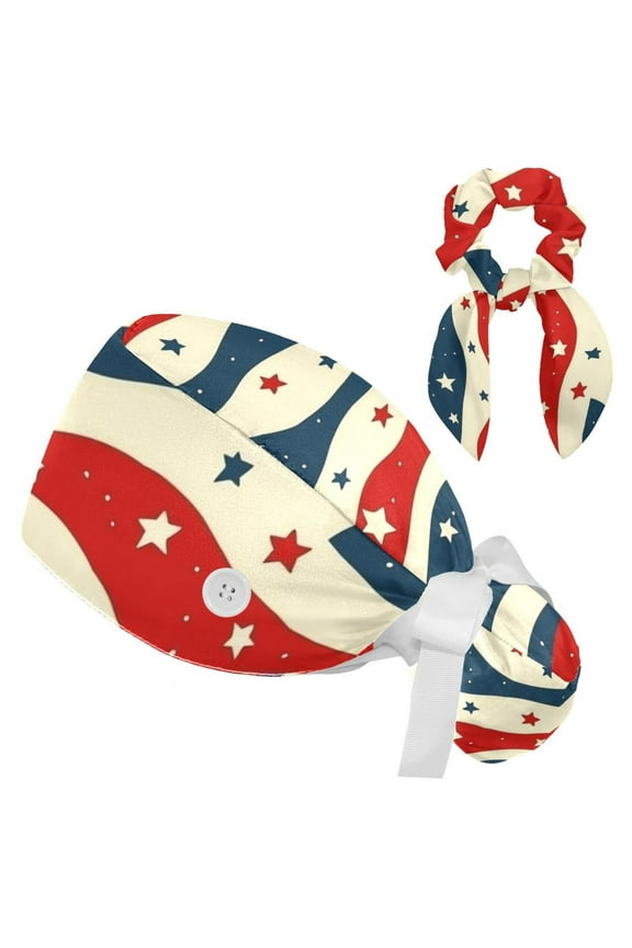Stars Stripes Tie Scrub Cap for Women Men, Nursing Hats with Buttons and Sweatband, Adjustable Elastic Working Caps Surgical Cap with Hair Bow - One Size Fits All