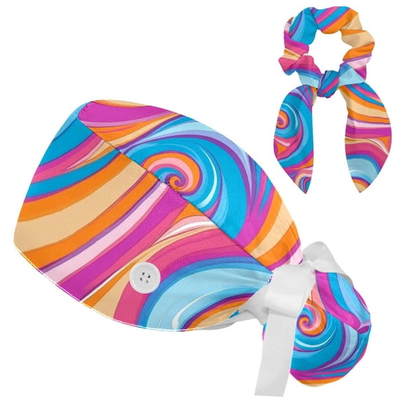 RATGDN Swirl Blue Pink Pattern Working Scrub Cap for Women Men - Adjustable Bouffant Tie Back Hat with Hair Bow - Perfect for Work, Leisure, Nurses and Medical Professionals - One Size Fits All