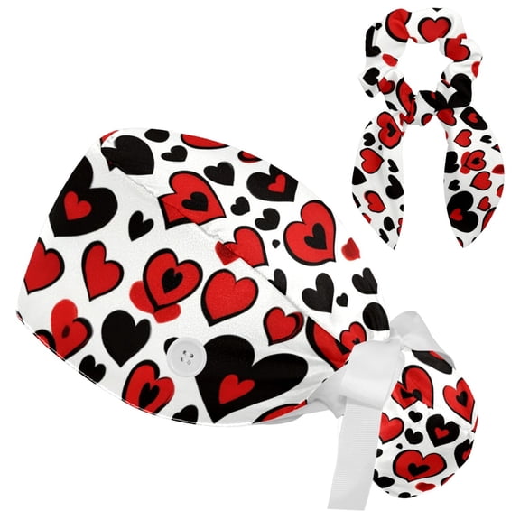 RATGDN Warm Heart Tie Scrub Cap for Women Men, Nursing Hats with Buttons and Sweatband, Adjustable Elastic Working Caps Surgical Cap with Hair Bow - One Size Fits All
