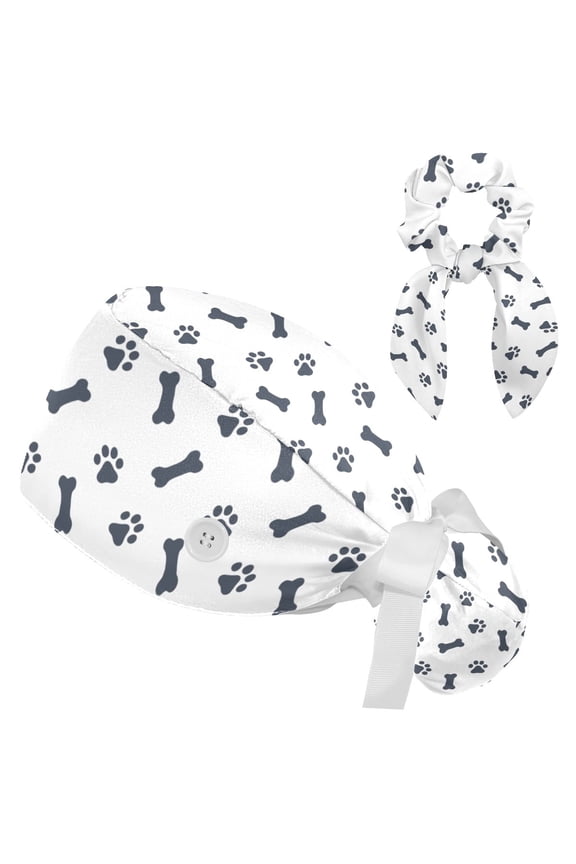 White Black Paw Bones Working Cap Scrub Cap for Women Men - Adjustable Bouffant Tie Back Hat with Hair Bow - Perfect for Work, Casual Wear, Nurses and Medical Professionals - One Size Fits All