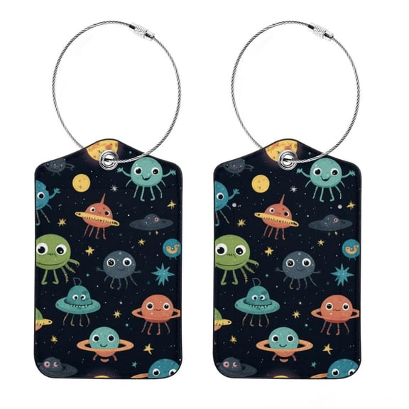 RATGON 2 Pack Luggage tag PU Leather with Stainless Steel Loop Alien Planet Travel Trip
