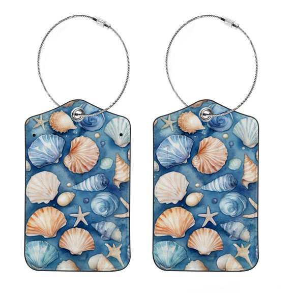 RATGON 2 Pack Luggage tag PU Leather with Stainless Steel Loop Blue Beach Ocean Travel Trip