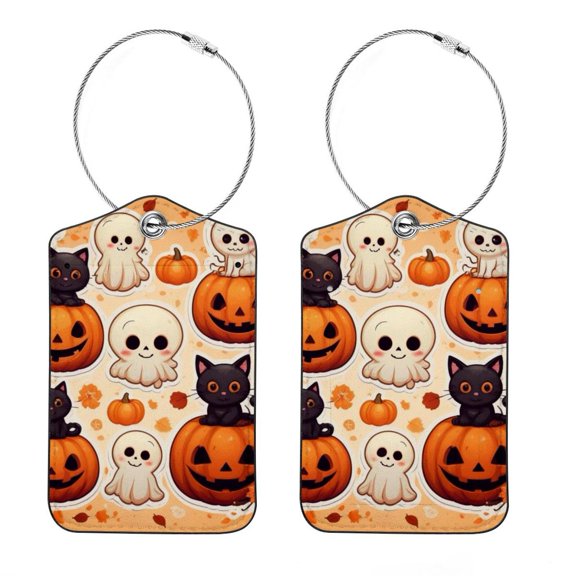 RATGON 2 Pack Luggage tag PU Leather with Stainless Steel Loop Happy Pumpkin Black Cat Travel Trip