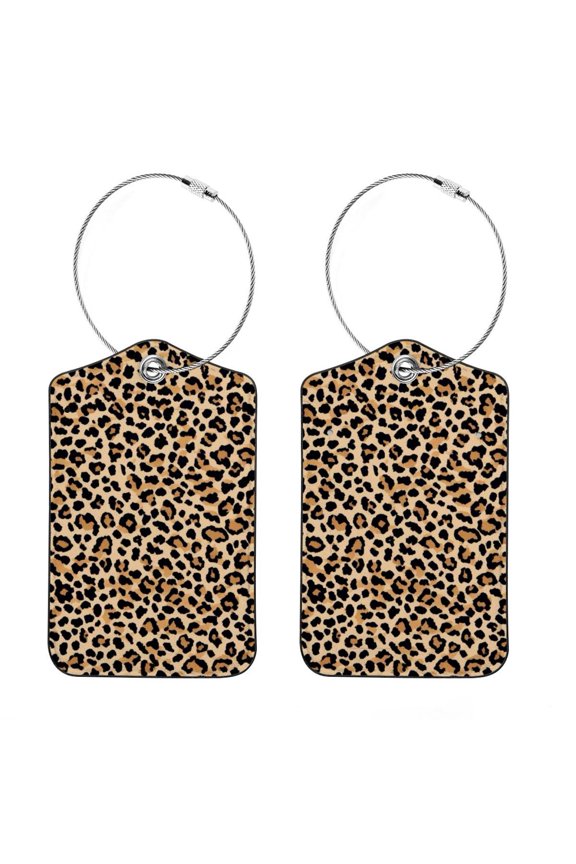 RATGON 2 Pack Luggage tag PU Leather with Stainless Steel Loop Orange Leopard Print Pattern Travel Trip