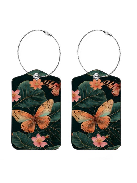 RATGON 2 Pack Luggage tag PU Leather with Stainless Steel Loop Orange Pink Butterfly Night Tour Travel Trip