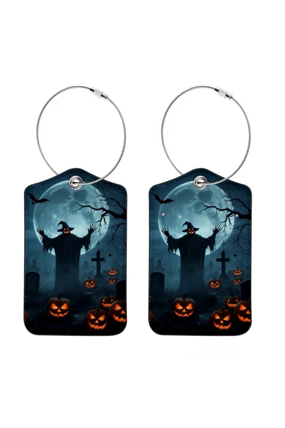 RATGON 2 Pack Luggage tag PU Leather with Stainless Steel Loop Pumpkin Cemetery Scarecrow Travel Trip
