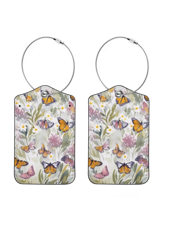 RATGON 2 Pack Luggage tag PU Leather with Stainless Steel Loop Spring Atmosphere Travel Trip