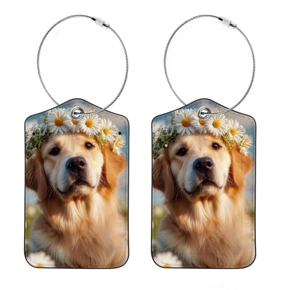 RATGON 2 Pack Luggage tag PU Leather with Stainless Steel Loop a Dog with a Wreath Travel Trip