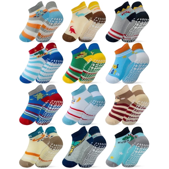 RATIVE Ankle Anti Slip Non Skid Cotton Grip Socks for Toddler Baby Boy Girl | Non Slip Gripper Socks (12-24 Months, 12-Pairs/Animal world)