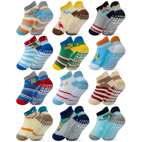 RATIVE Ankle Anti Slip Non Skid Cotton Socks with Grips Grippers for 0-6 Month Babies Baby Infant Boy Boys Girls ,0-6 Months, 12-Pairs/Animal world